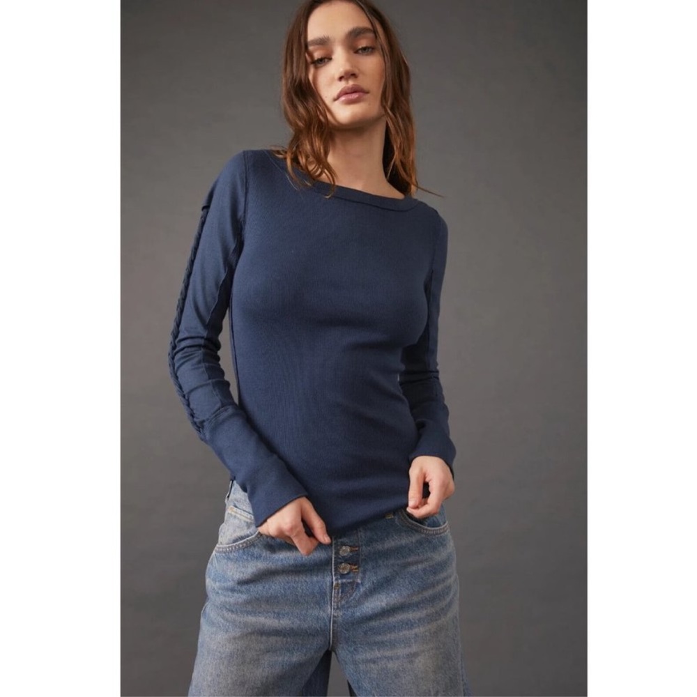Free People Navy Long Sleeve Top